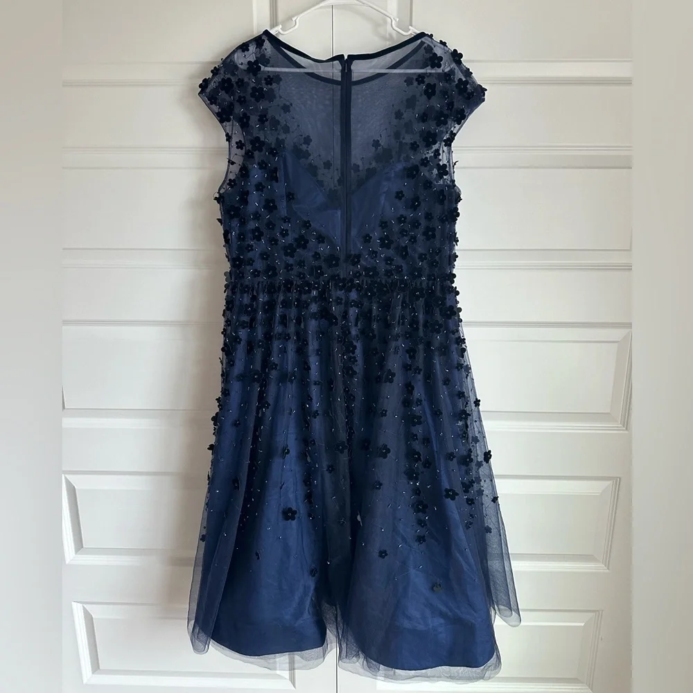 Mac Duggal Floral Embellished Illusion Midnight Midi Cocktail‎ Dress NWT